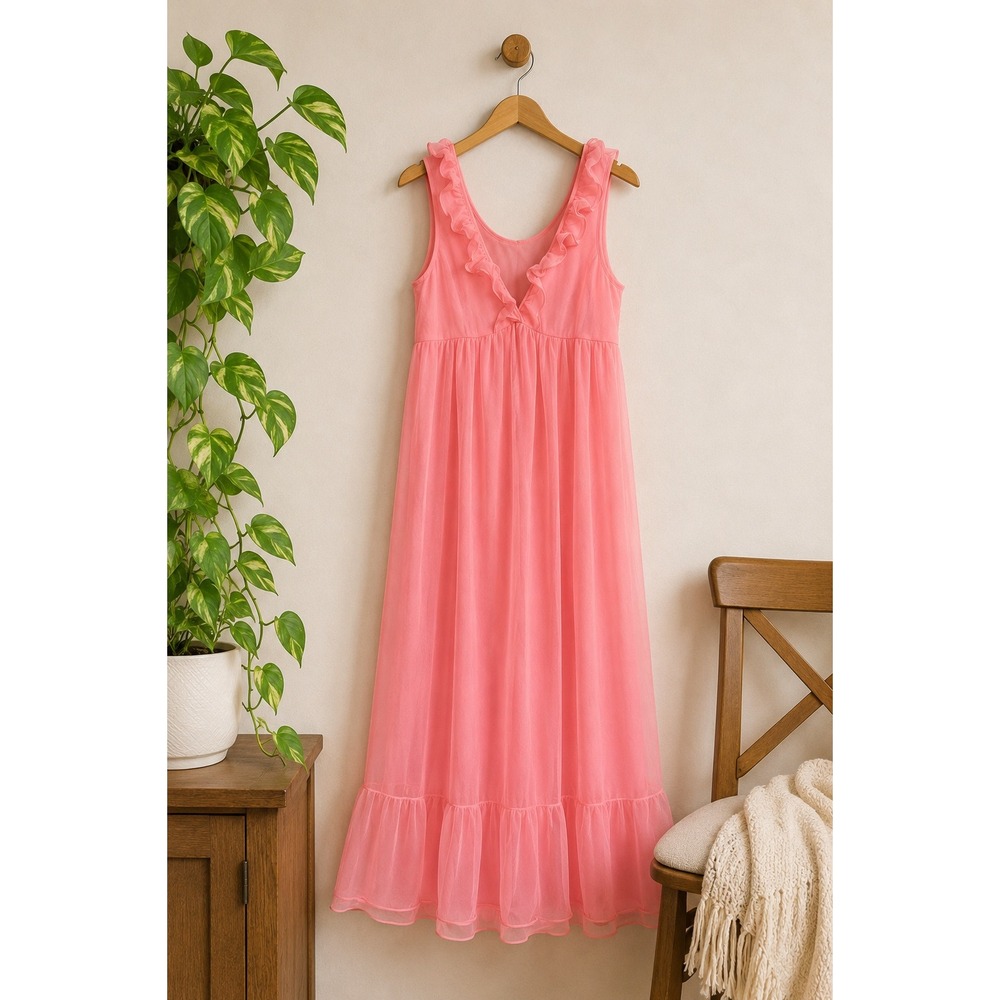 Lov Lee Geranium Pink Ruffle Maxi Dress Romantic Cottagecore Milk Maid Coquette